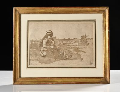 une vieille photo représentant un homme et un enfant jouant avec un chien