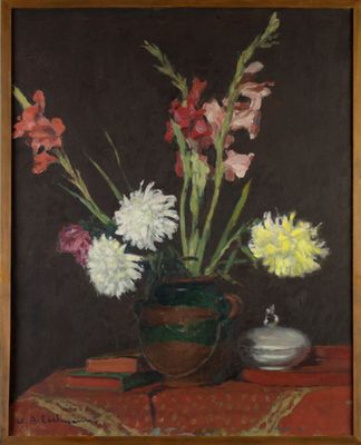 une peinture de fleurs dans un vase sur une table
