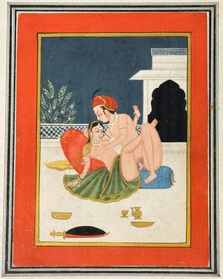 a painting of a man and a woman sitting on the ground