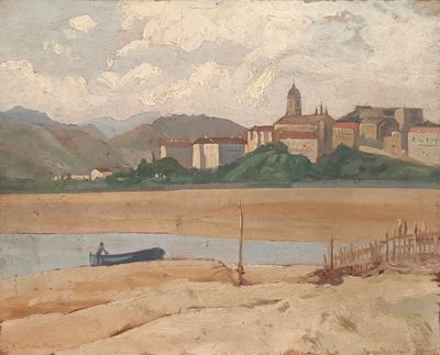 a painting of a small boat on the shore of a lake