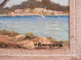 an oil painting of a view of a beach with a boat in the water