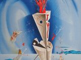 an image of a picture of a painting of a vase on a beach