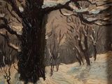 an oil painting of a tree in a snowy landscape with snow on the ground