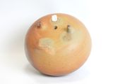 an orange that is sitting on a white surface