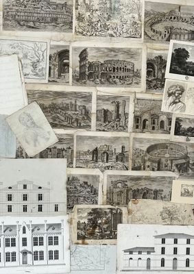 a lot of drawings on the wall of this room