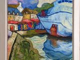 une peinture à l'huile représentant un bateau sur un plan d'eau, à côté d'un bâtiment