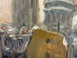 an oil painting of a cityscape with a building in the background