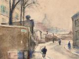 painting of a snowy street scene with people walking down the street