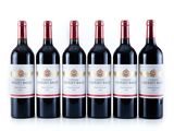 six bottles of red wine lined up in a row