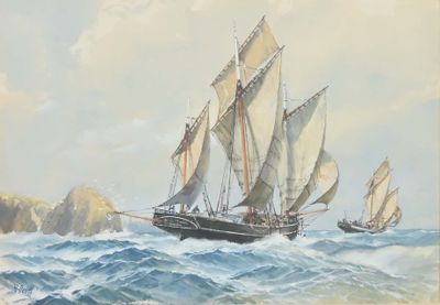un tableau représentant un groupe de voiliers naviguant sur l'océan