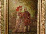 tableau représentant un homme et une femme avec un parapluie dans un jardin