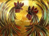 painting of two roosters facing each other on a yellow background