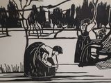 a black and white drawing of people sitting on a bench