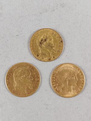 three gold coins are shown on a white surface