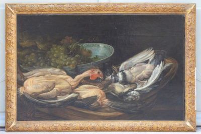 a painting of a still life with a bird and a bowl of fruit
