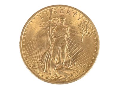 Pièce de 20 U.S dollars en or jaune, 1908. Petites usures. - Photo 1