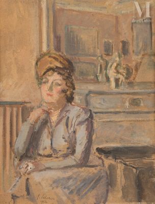 painting of a woman sitting on a chair in a room