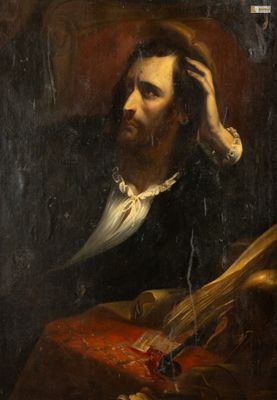 un tableau représentant un homme assis sur une chaise avec un violon