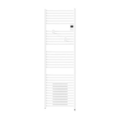 a white towel rack with a white towel on top of it