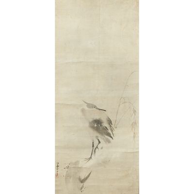a painting of a bird standing on top of a snow covered ground