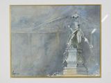 a painting of a water fountain with a statue in it