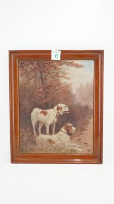 a picture of a painting of two dogs in a wooded area