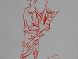a red drawing of a woman holding a bunch of flowers