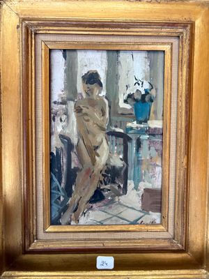 une peinture à l'huile représentant une femme assise sur une chaise devant un vase
