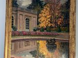 painting of a pond in a garden with a building in the background