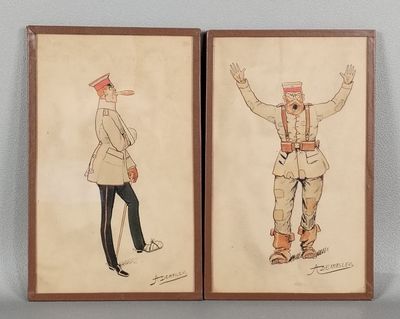 deux dessins encadrés représentant un homme et une femme en uniforme