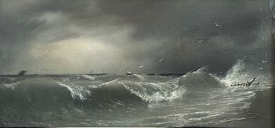 un tableau représentant un bateau en mer par temps d'orage