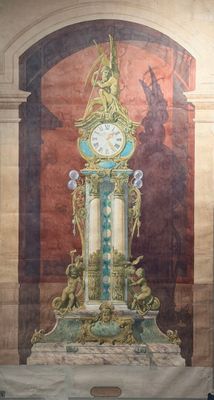 une peinture représentant une horloge accrochée au mur d'un immeuble