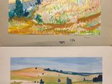 deux tableaux représentant un paysage avec des collines et des champs en arrière-plan