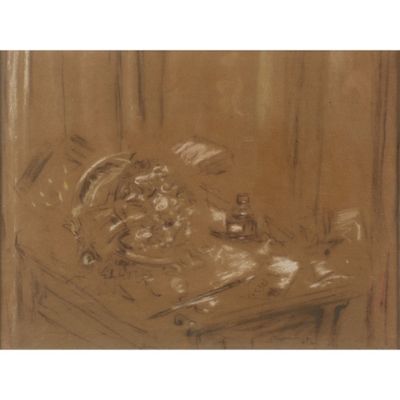 dessin représentant une nature morte avec une bouteille de vin et un vase posés sur une table
