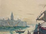 painting of a boat in the water with a city in the background