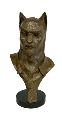 statue of a cat wearing a collared shirt on a black base