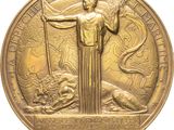 gold medal with a statue of a woman holding a flag
