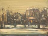 une peinture à l'huile représentant une maison dans la neige, avec des arbres au premier plan