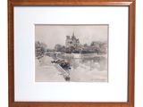 framed watercolor painting of a river scene with a church in the background