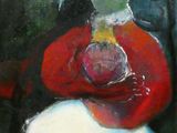 tableau représentant une femme vêtue d'un manteau rouge tenant un bébé dans ses bras