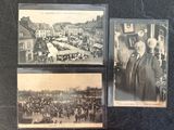three old black and white photos of people and horses in a town
