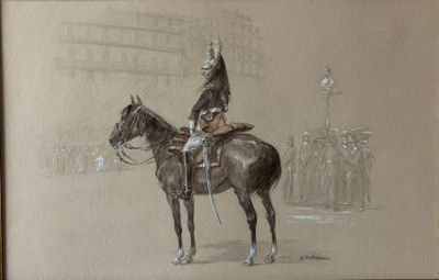 tableau représentant un homme en uniforme à cheval devant une rangée de soldats