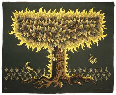 a painting of a tree with sunflowers and birds on it