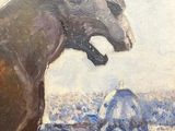 a painting of a horse standing in front of a blue fire hydrant