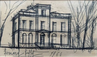 drawing of a drawing of a building with a clock on the top of it