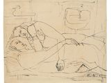an image of a drawing of a woman laying on a bed