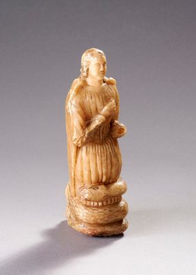 "Personnage battant sa coulpe, enlacé par un serpent". Albât…