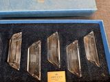 four clear crystal pendulums in a blue box on a table