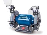 a blue bench top grinder on a white surface