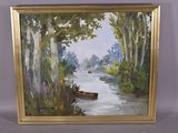 peinture à l'huile encadrée représentant un paysage fluvial avec un bateau au premier plan